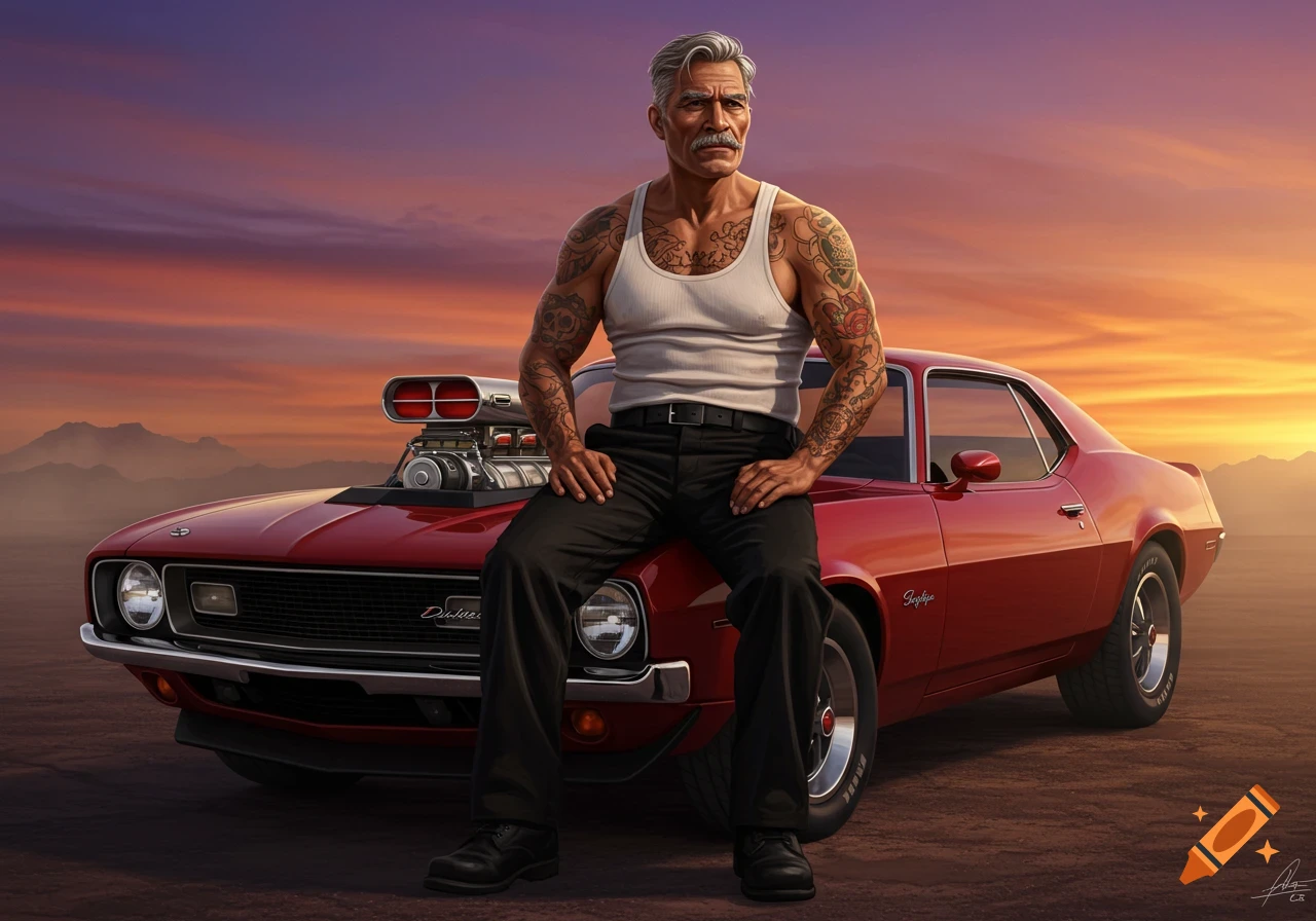 An older muscular man with gray hair, mustache, and tattoos, wearing a white tank top and black pants, sitting on a red muscle car with a large engine intake, against a sunset sky.