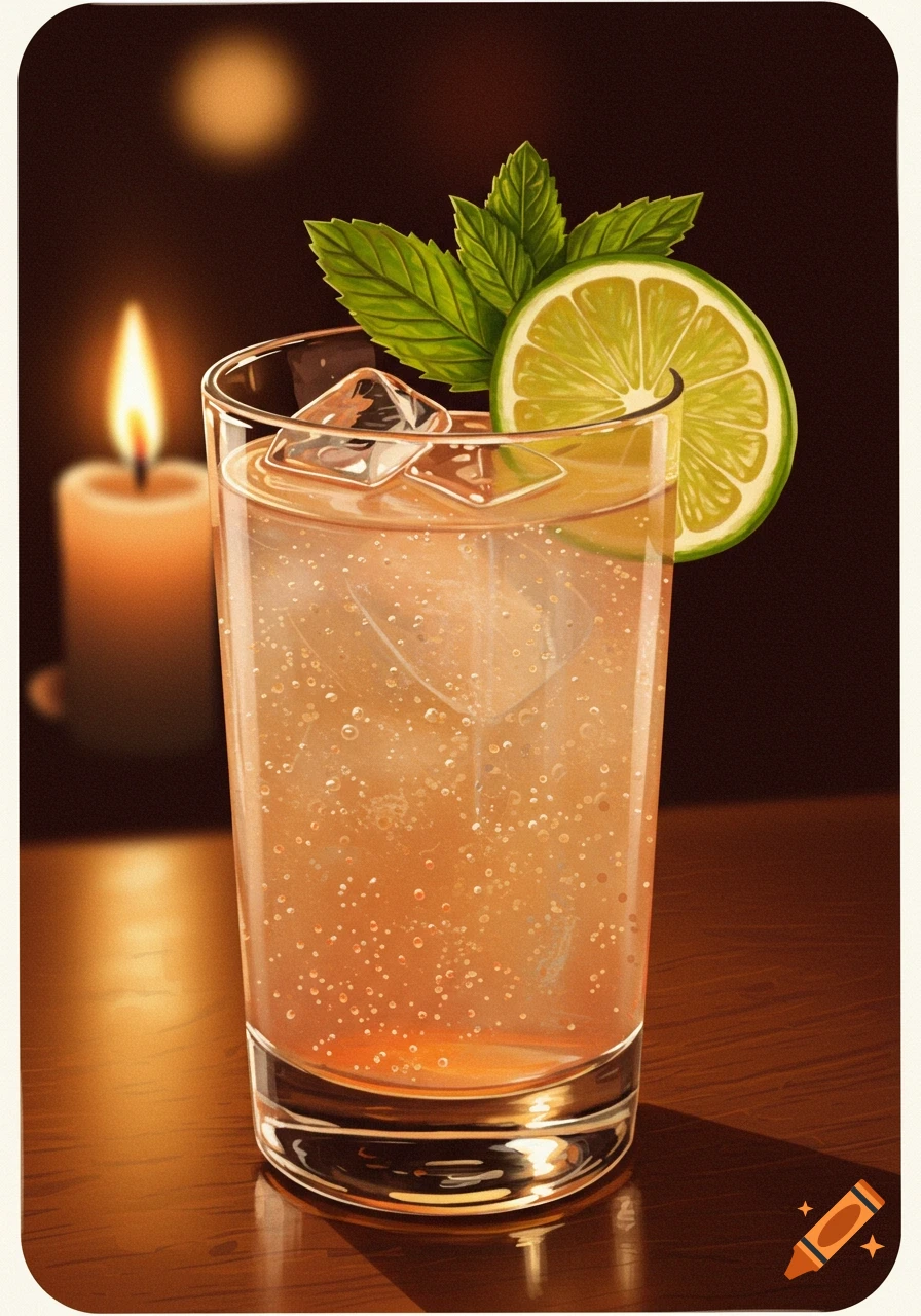 A Floradora cocktail with lime and mint in a glass with ice, next to a lit candle on a dark wooden table.