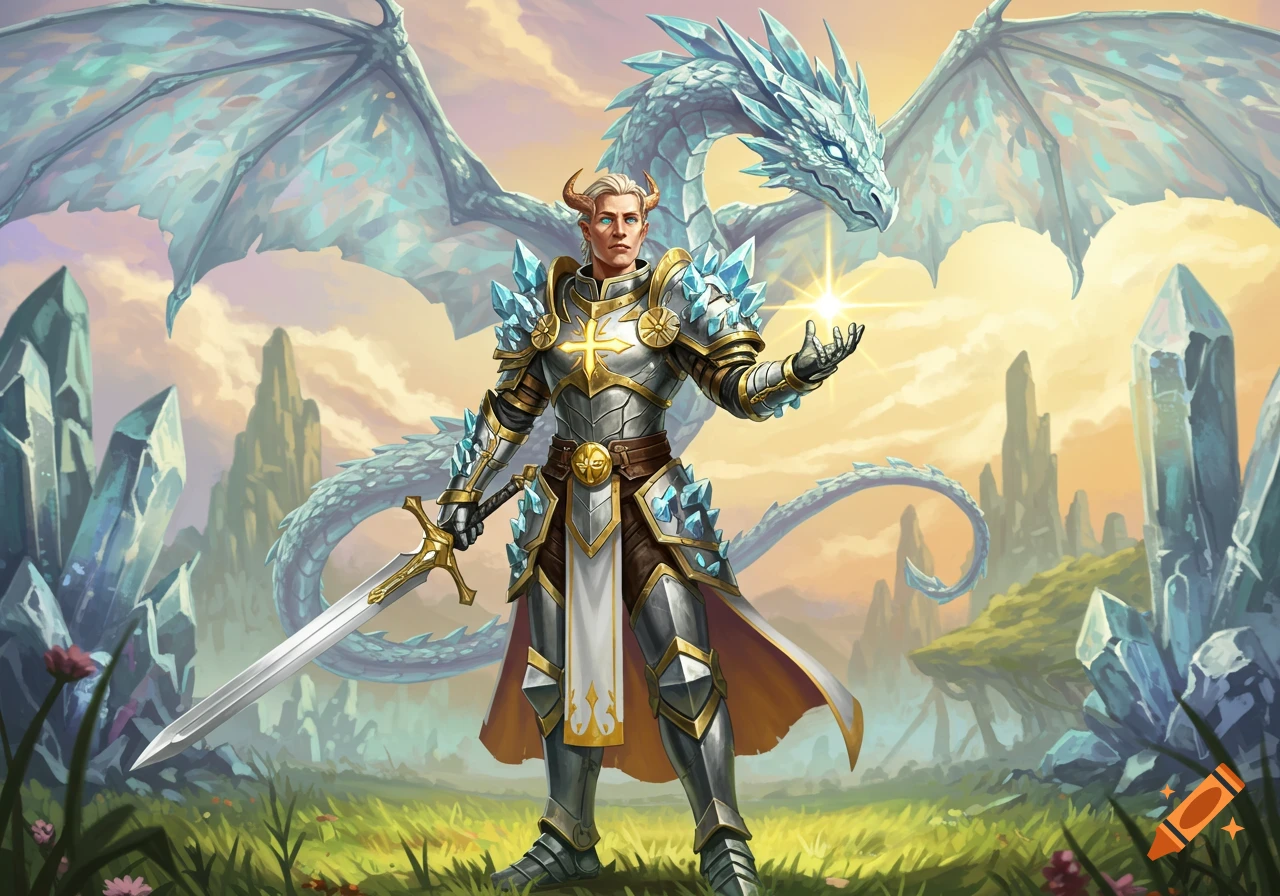 A fantasy paladin in crystal armor with a sword and glowing hand, standing before a large crystal dragon in a landscape of giant crystals.