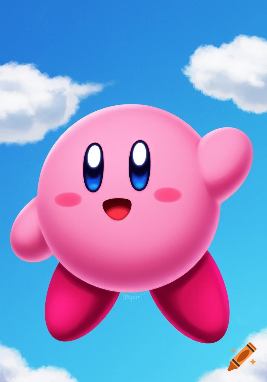 Pink, spherical Kirby character with blue eyes and red feet, floating in a bright blue sky with white clouds in a cartoon style.