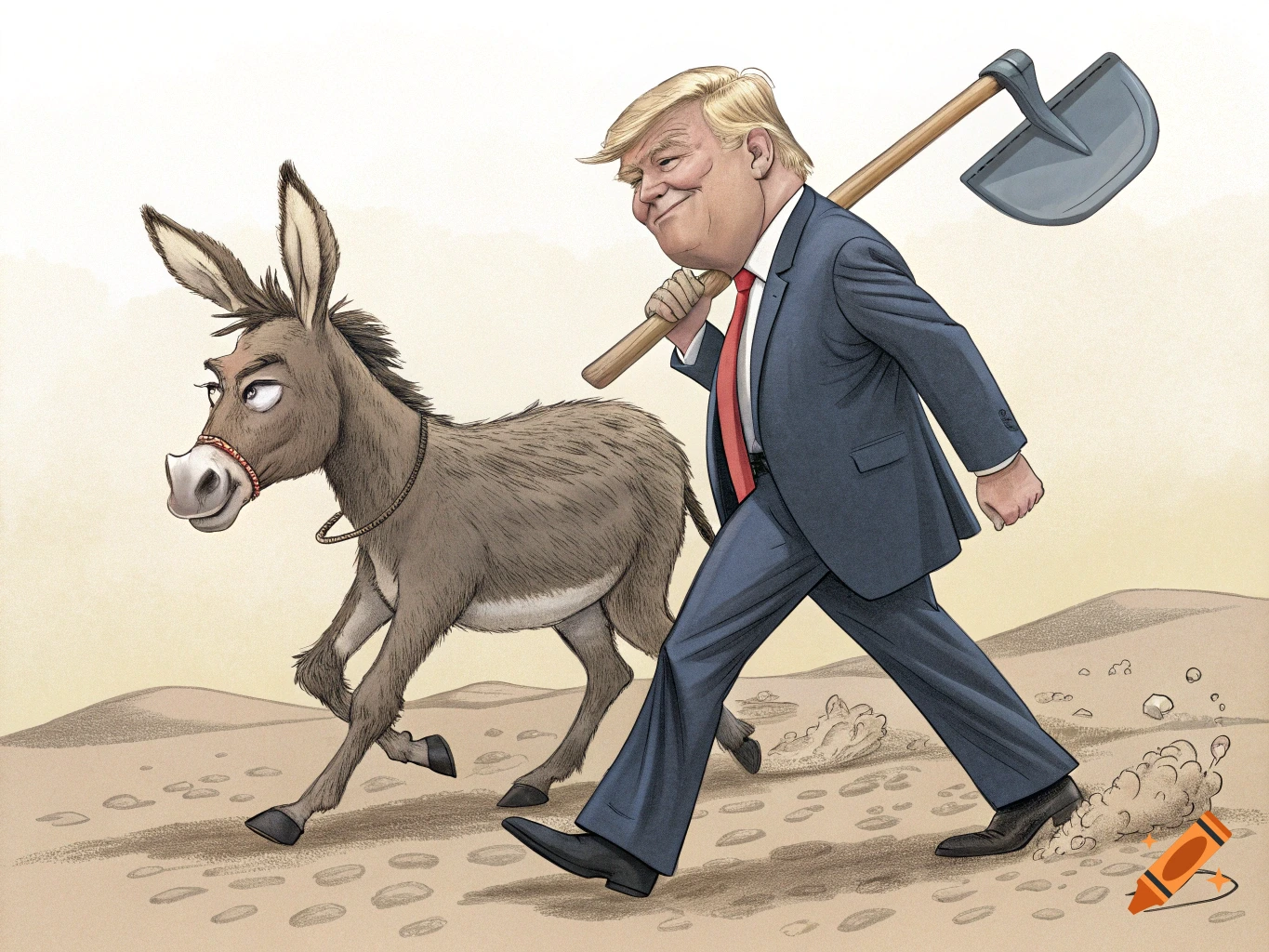 Cartoon Donald Trump smiles while walking next to a donkey in a desert, holding a shovel over his shoulder.