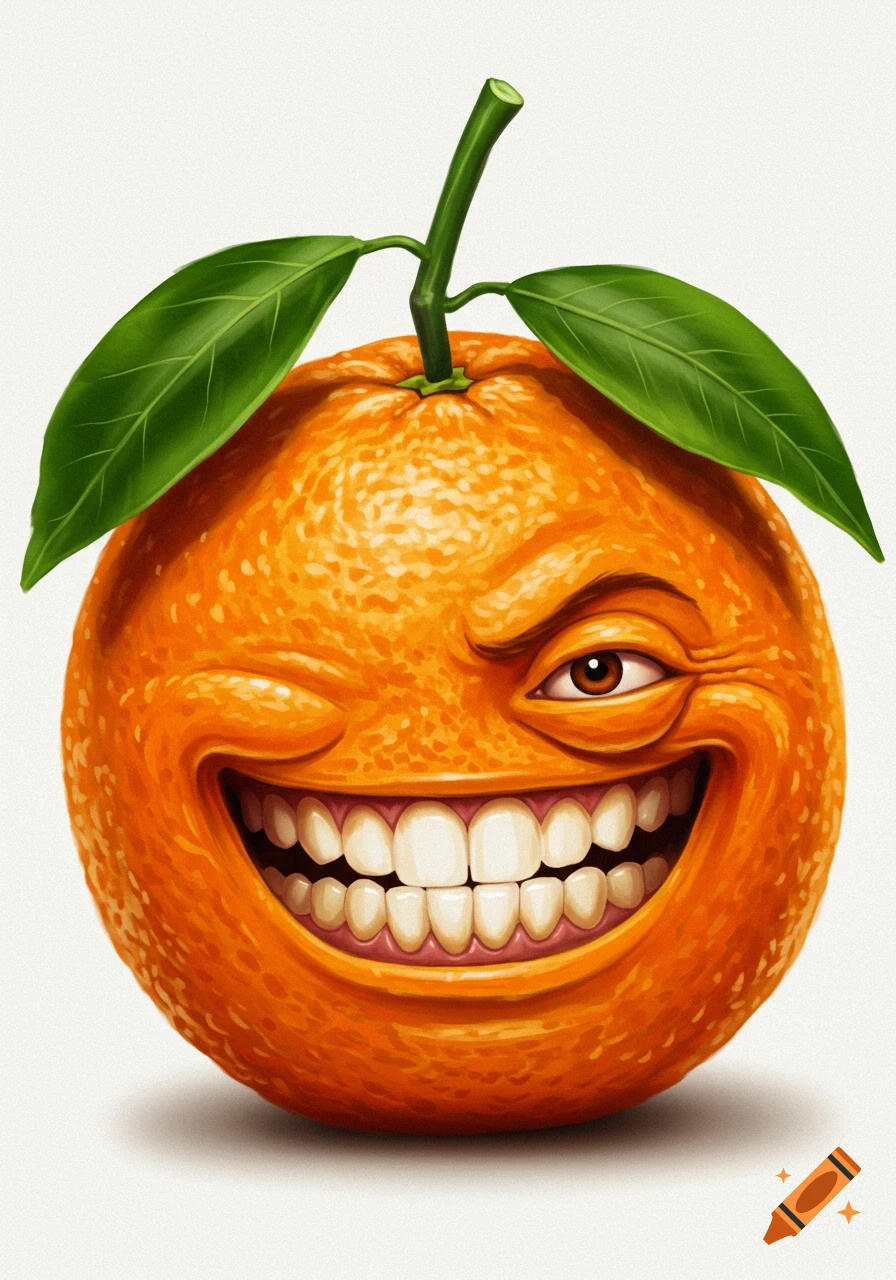A realistic illustration of an orange with a wide, winking, grinning human-like face and green leaves on top.