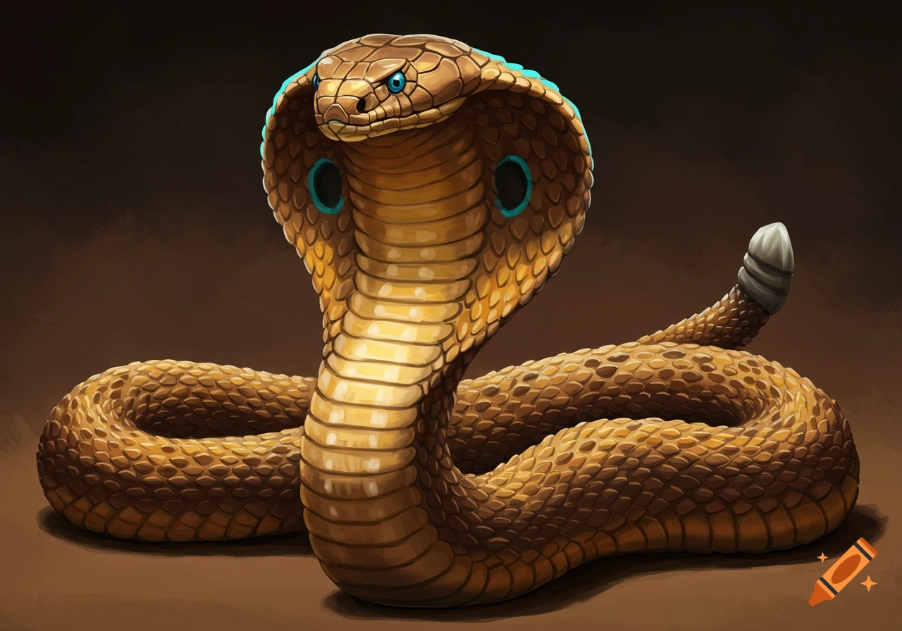 A stylized golden cobra with blue glowing accents on its hood and rattlesnake tail stands coiled on a brown background.