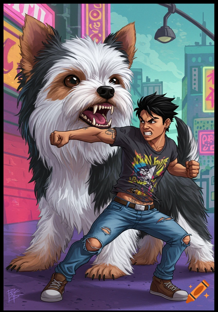A stylized comic book illustration of an angry young person punching a giant, snarling Yorkshire terrier dog on a city street.