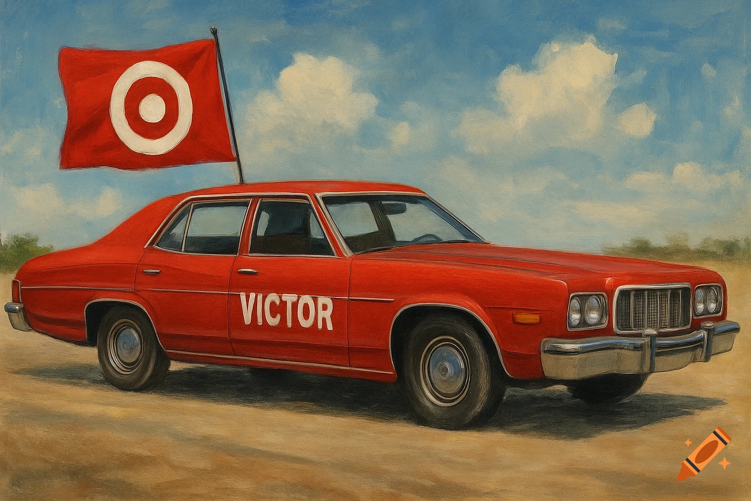 A red vintage car with 'VICTOR' on its side and a Target flag on a dirt road, painted style.