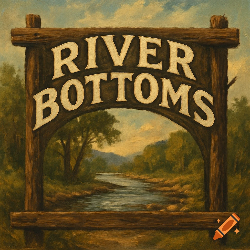 An oil painting of a wooden sign arching over a river scene, with the words "RIVER BOTTOMS" painted in white.