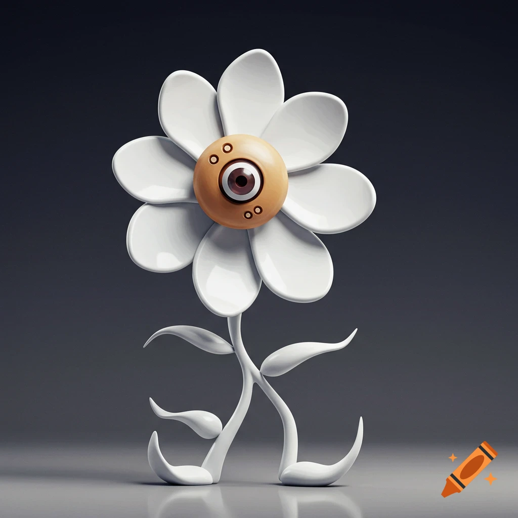 A white stylized flower with an eye as its center and legs instead of a stem, standing on a grey surface in a 3D render.