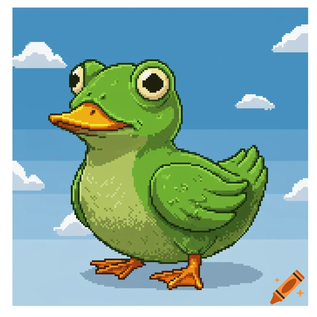 A pixelated green frog-duck hybrid with an orange beak stands under a blue sky with white pixel clouds.