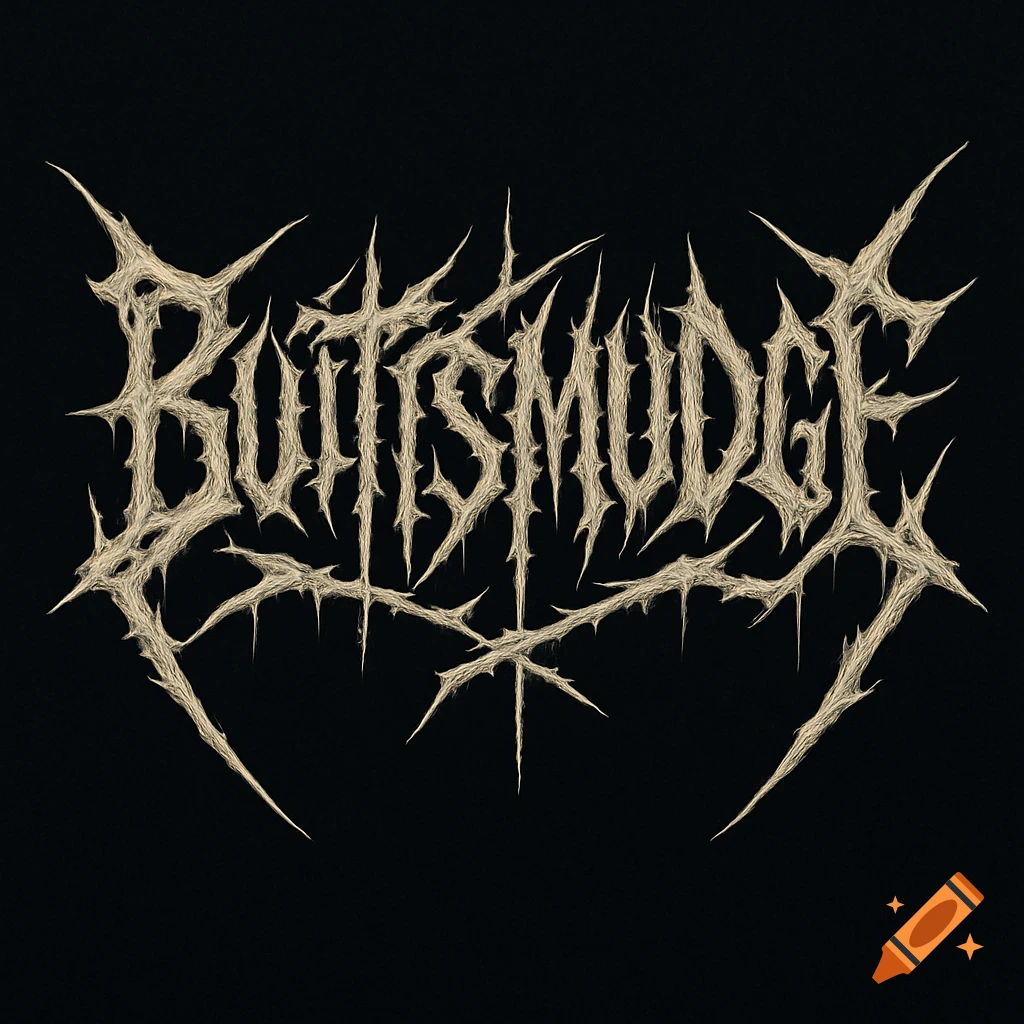 A metalcore band logo in a spiky, bone-like script on a black background, spelling "BUTTSMUDGE".