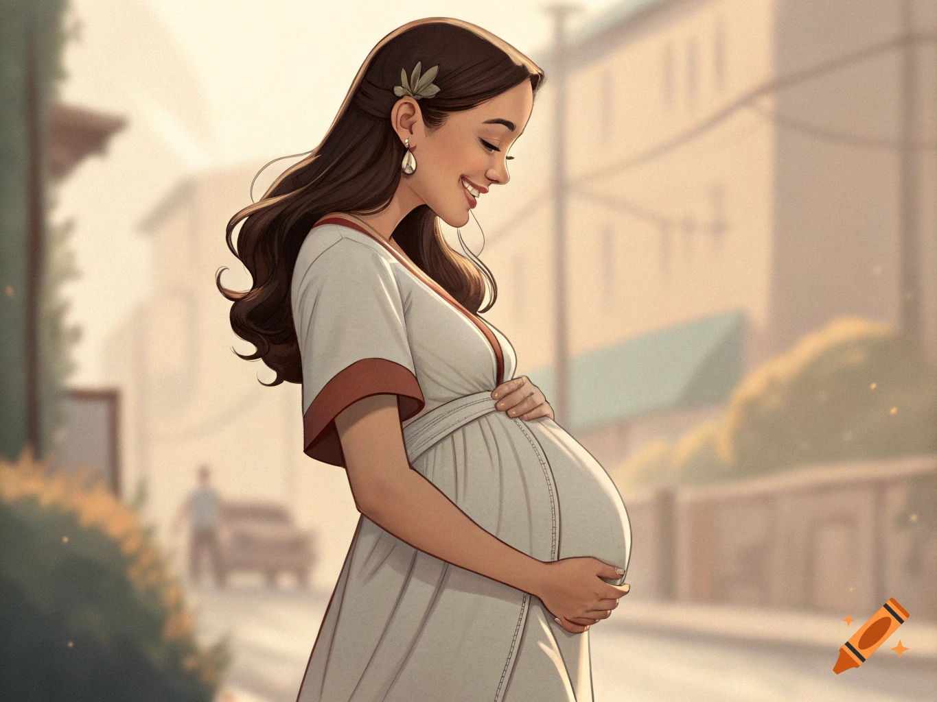 Illustrated pregnant woman smiling, looking down at her belly while holding it, outdoors on a street.