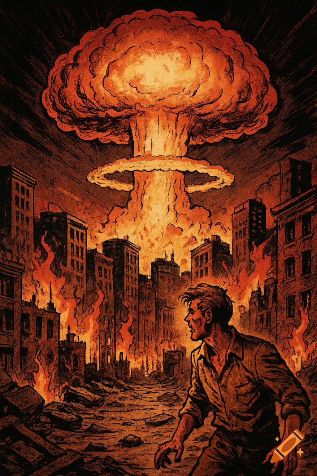 A man stands in a burning, ruined city street, looking up at a massive atomic mushroom cloud in a vintage graphic novel style.
