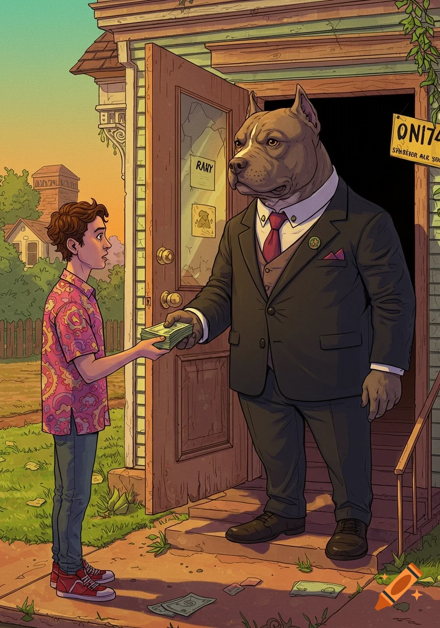 A young man hands money to a pitbull dog wearing a suit, standing at a house door in an illustration.
