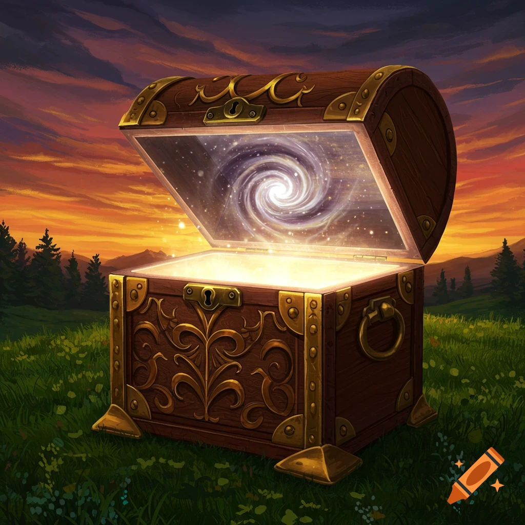 Ornate wooden chest glowing with light and a galaxy swirl inside, sitting in a grassy field at sunset.