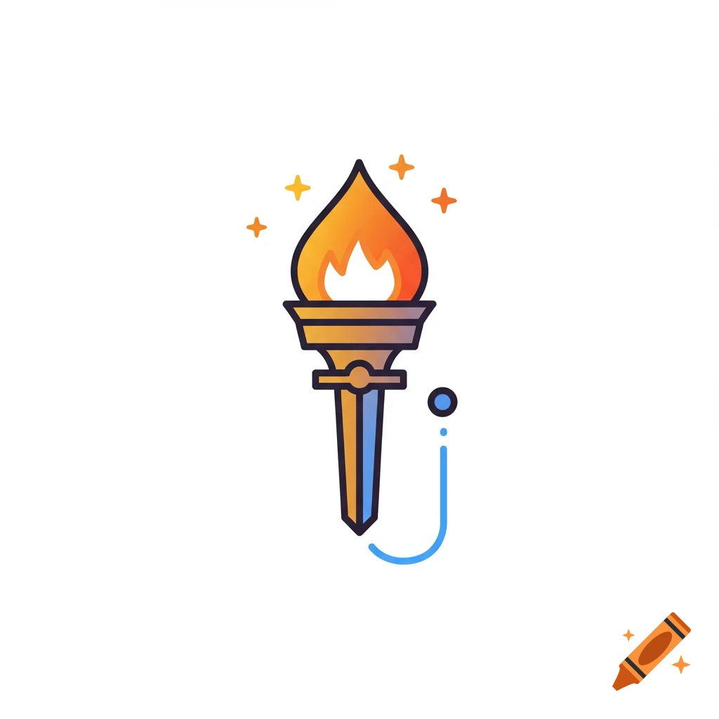 Minimalist line art icon of a torch with an orange flame, gold and blue handle, and a blue line ending in a dot.
