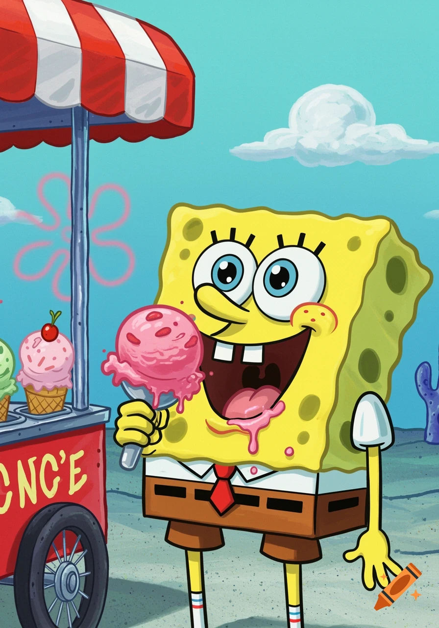 Spongebob Squarepants joyfully eats a scoop of pink ice cream from a red and white striped cart in a cartoon style.