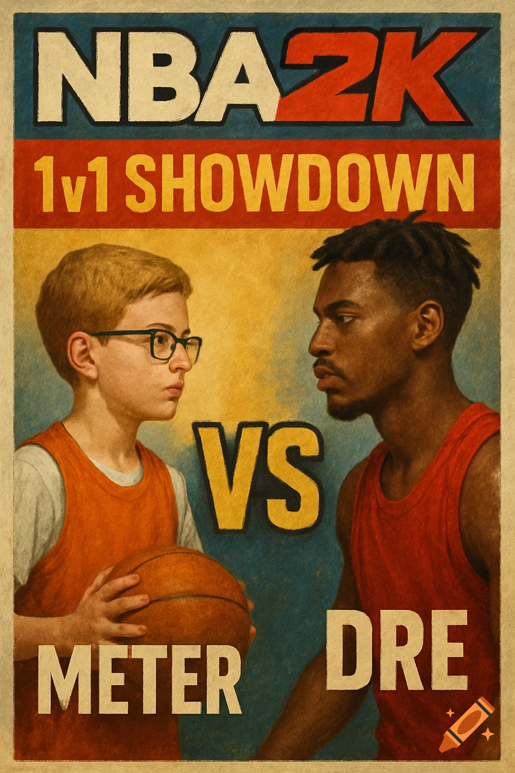 A vintage-style poster for "NBA 2K 1v1 Showdown" features a young boy named "Meter" holding a basketball facing off against a man named "Dre".
