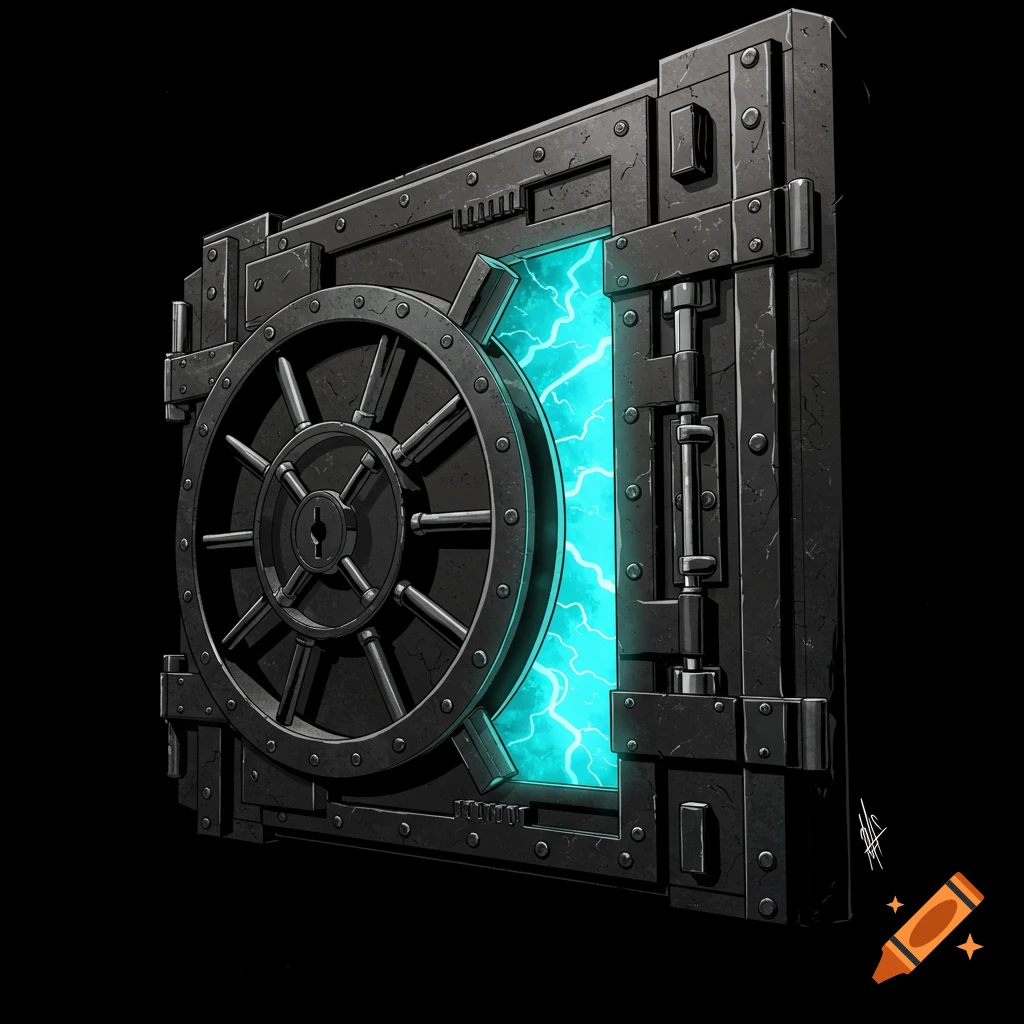 A comic book style vault door glowing with blue energy.