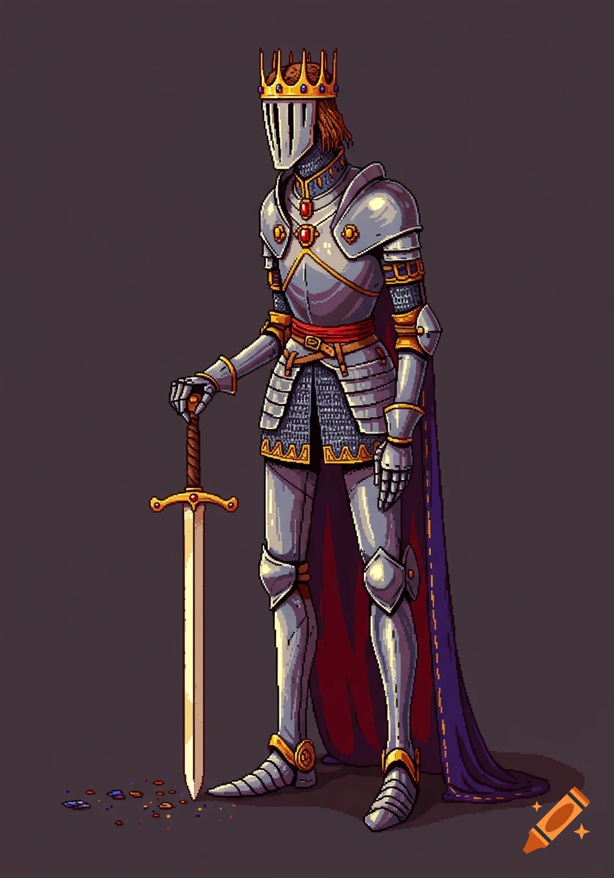 Pixel art of a tall, lanky prince in detailed silver armor, gold crown-visor, and a purple cape, holding an oversized sword.