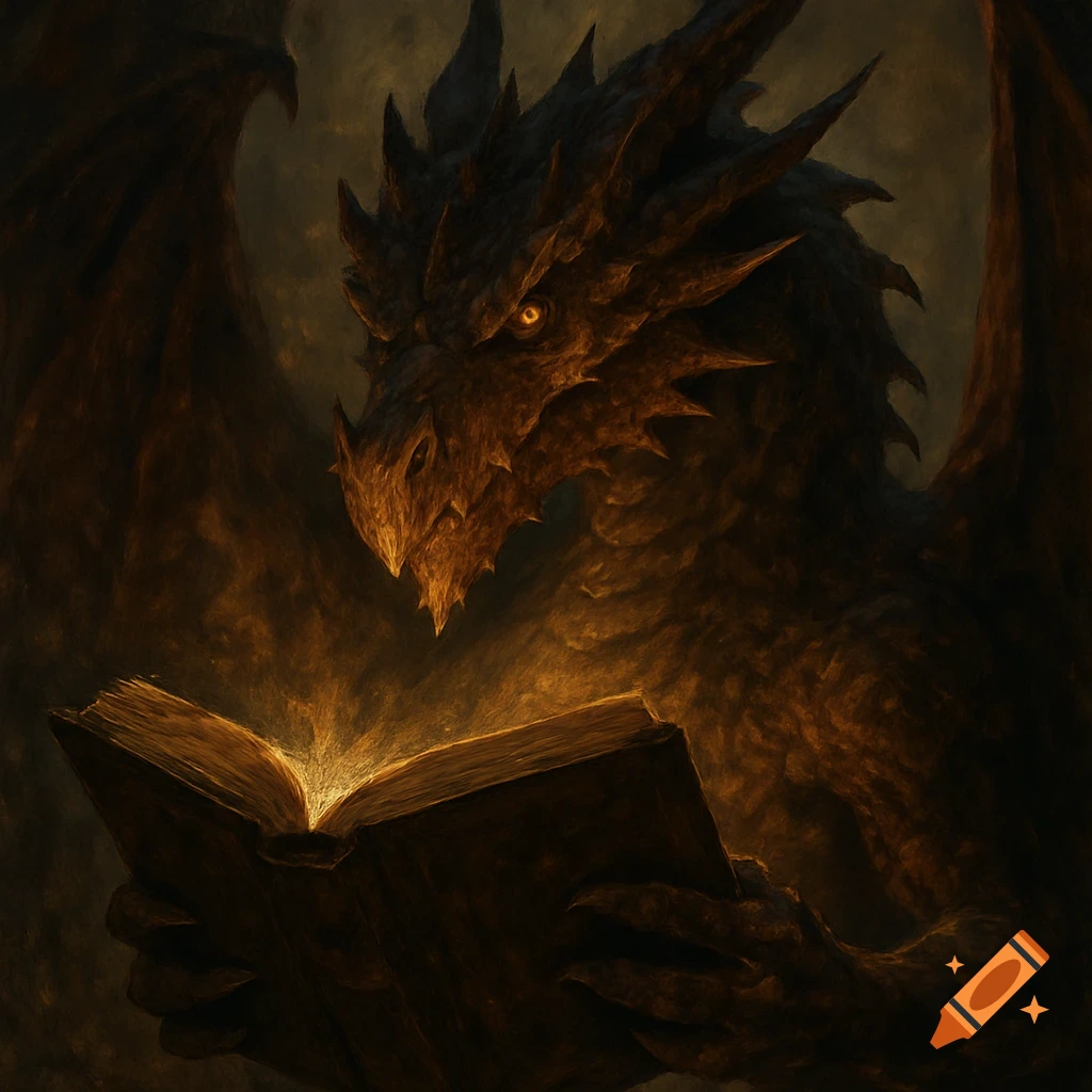 A fierce, dark dragon with glowing eyes reads an open, glowing book in a dark setting, fantasy art style.