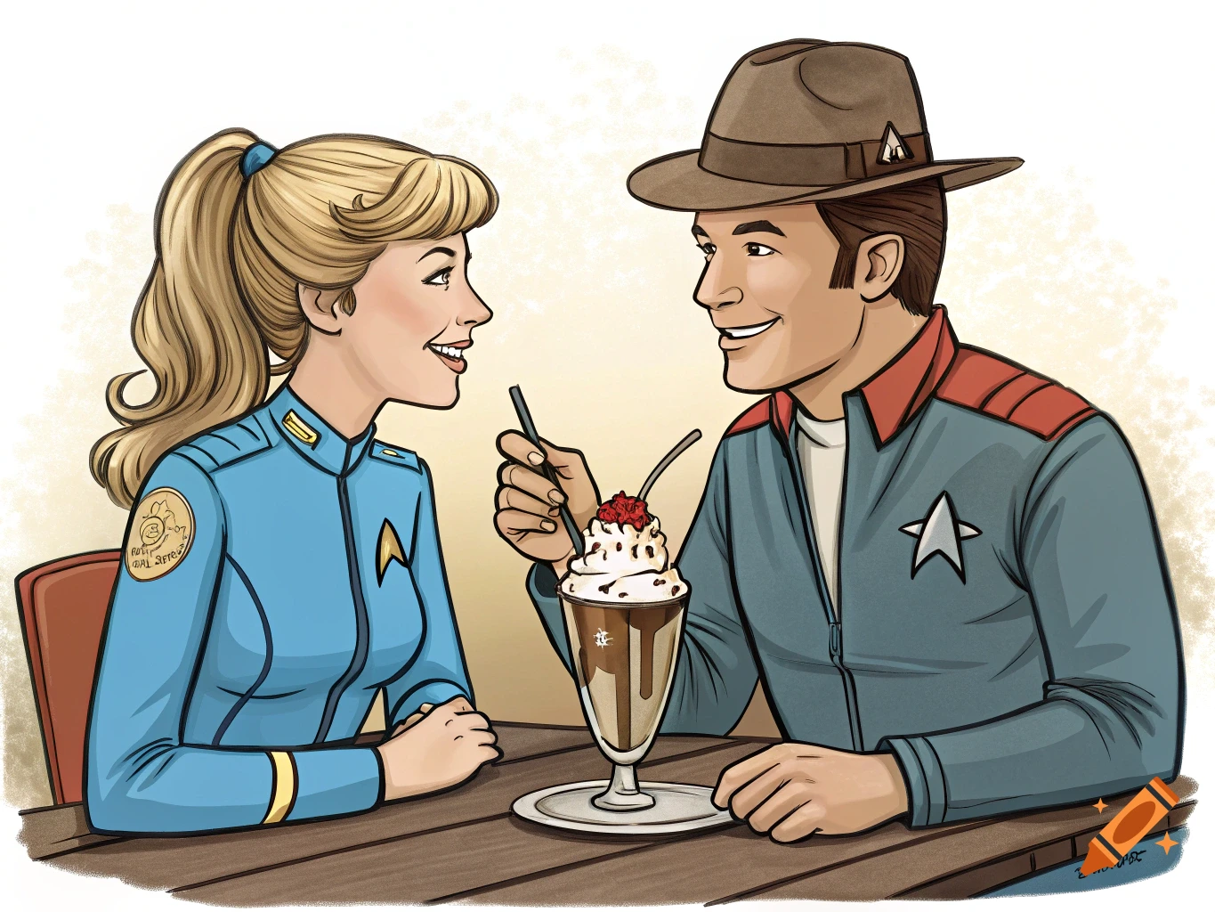 A cartoon illustration of a blonde woman in a blue Starfleet uniform and a man in a brown hat and jacket sharing a chocolate sundae at a diner bar.