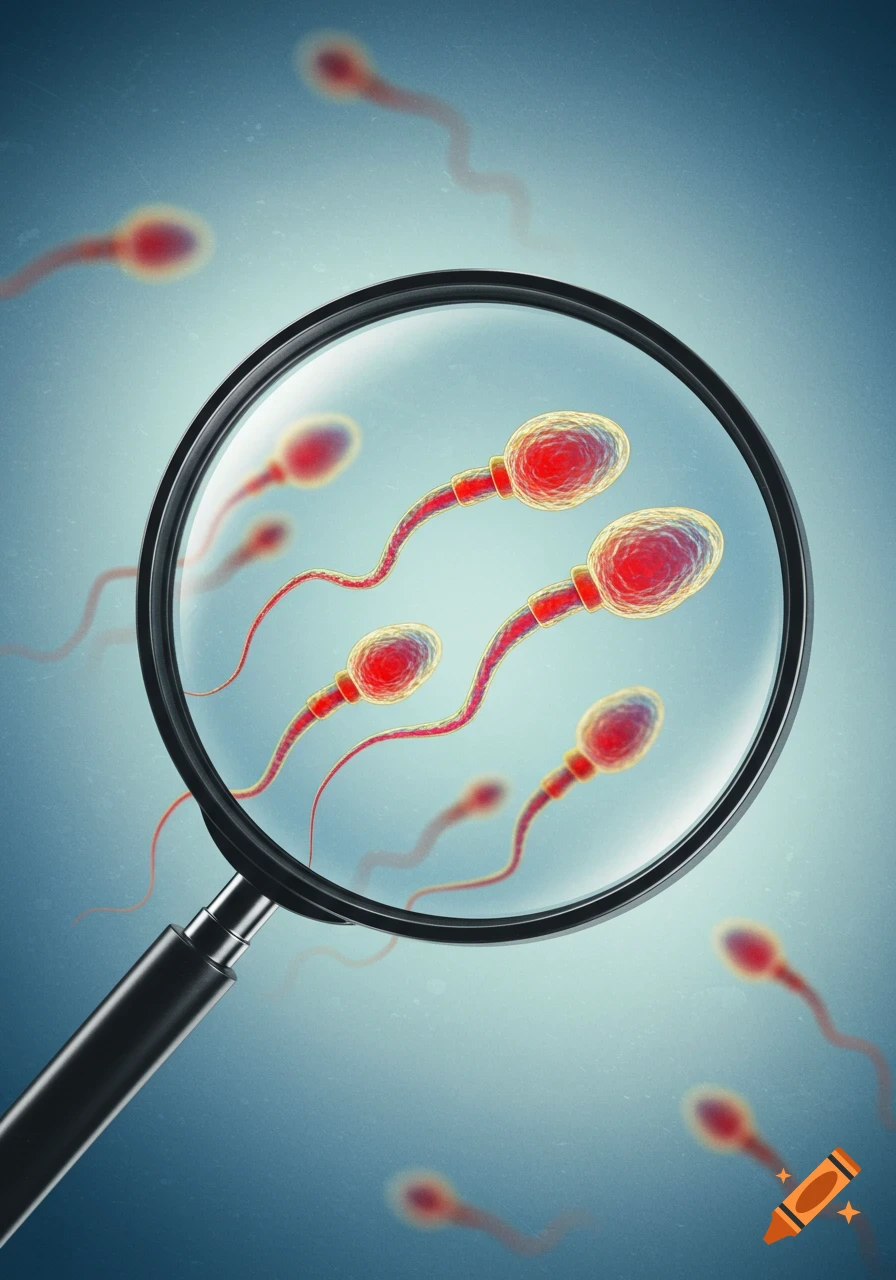 Sperm cells magnified by a magnifying glass on a blue background.