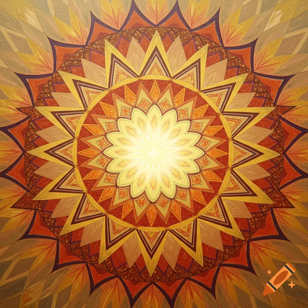 A vibrant, symmetrical mandala pattern in shades of red, orange, and yellow with a bright center.