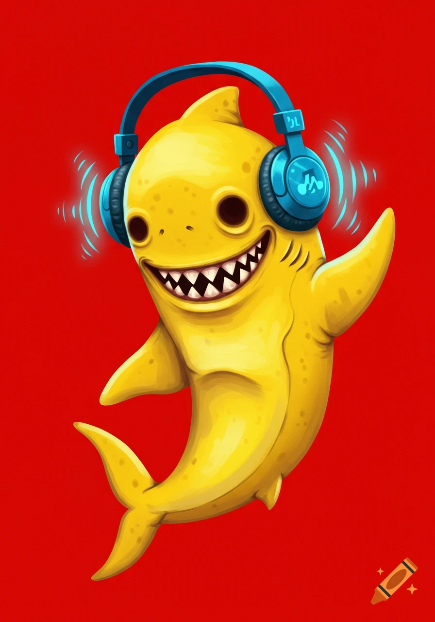 A creepy yellow cartoon shark with a wide, toothy smile wears blue headphones, waving against a solid red background.