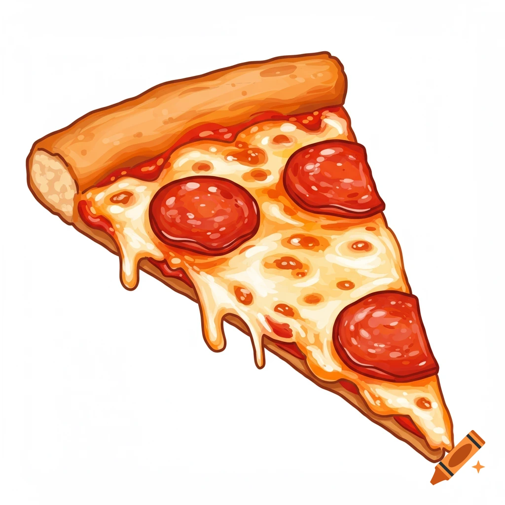 An illustration of a slice of pepperoni pizza with melted cheese dripping.