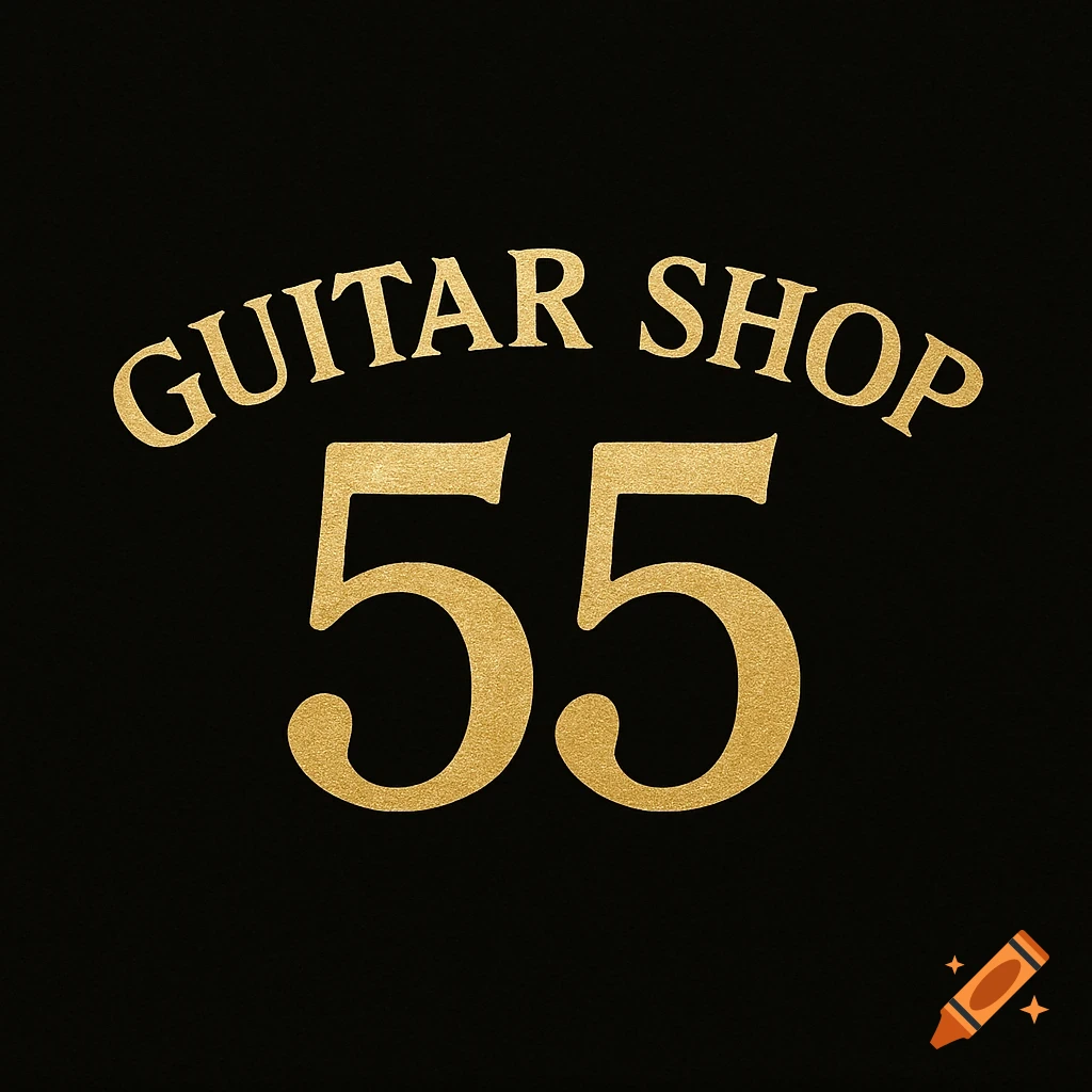 Gold text 'GUITAR SHOP' above '55' on a black background, designed as a logo.