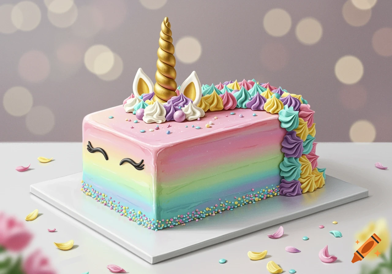 A photorealistic rectangular unicorn cake with rainbow frosting, a gold horn, colorful sprinkles, and pastel meringue swirls on a white stand.