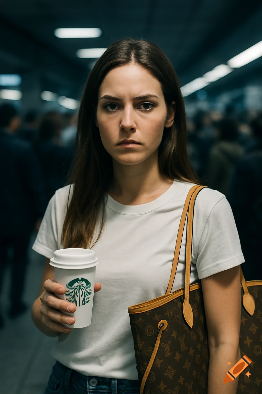 A serious young woman with long brown hair, wearing a white t-shirt and jeans, holds a coffee cup and a brown tote bag, standing in a busy metro station with a blurred background.