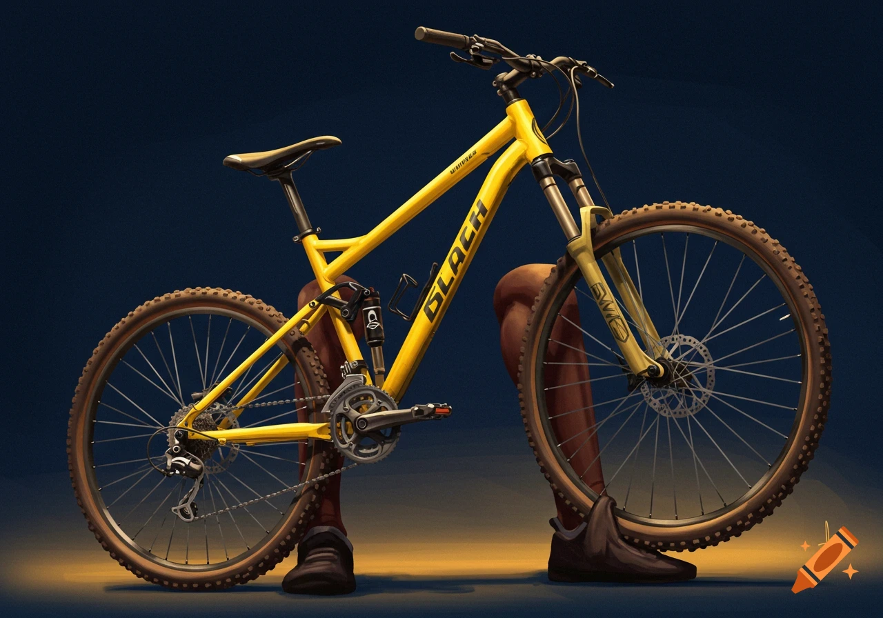 A surreal image of a yellow mountain bike standing on brown human legs and shoes against a dark background.