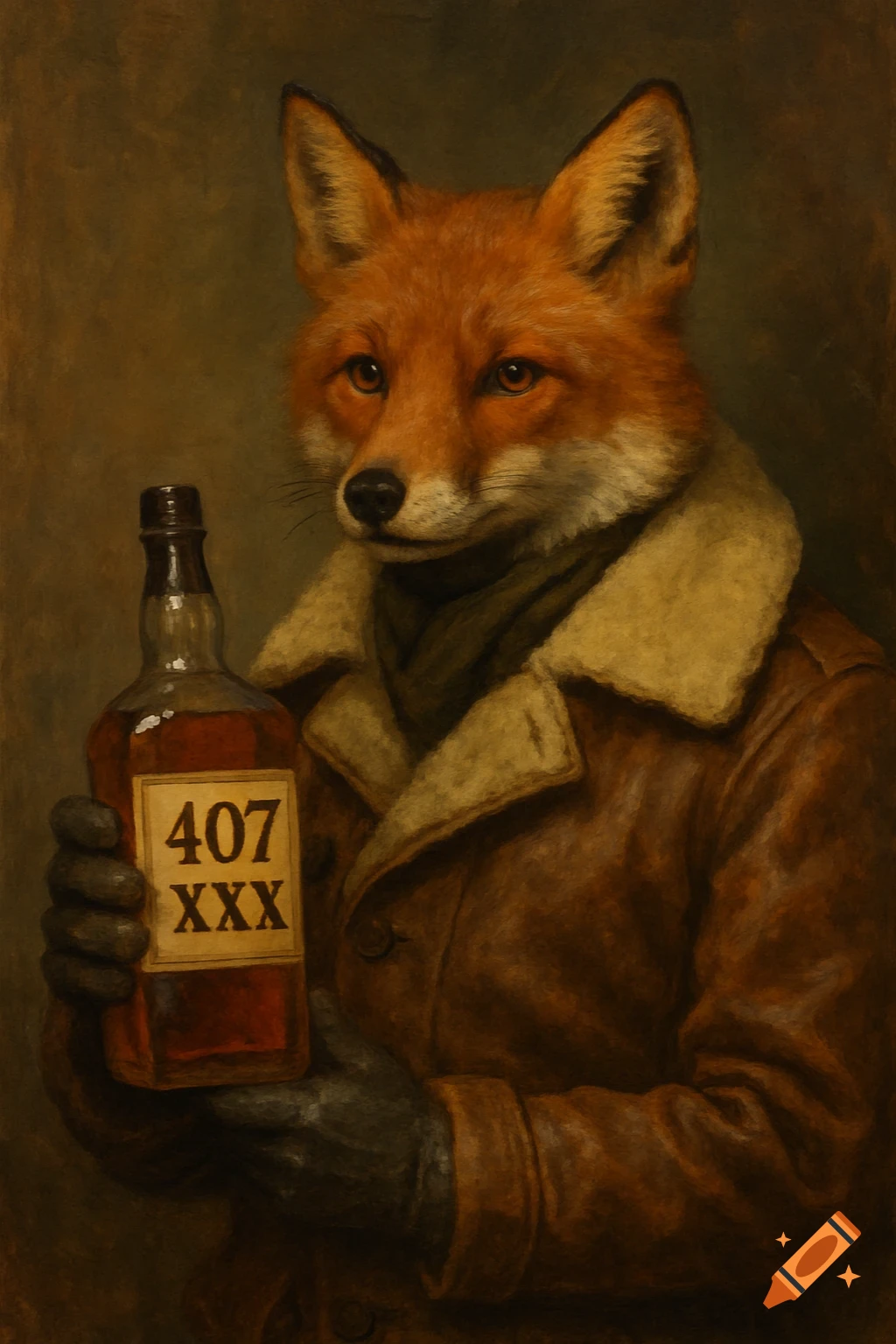 A vintage-style painting of an anthropomorphic fox wearing a brown pilot's coat, holding a bottle labeled '407 XXX'.
