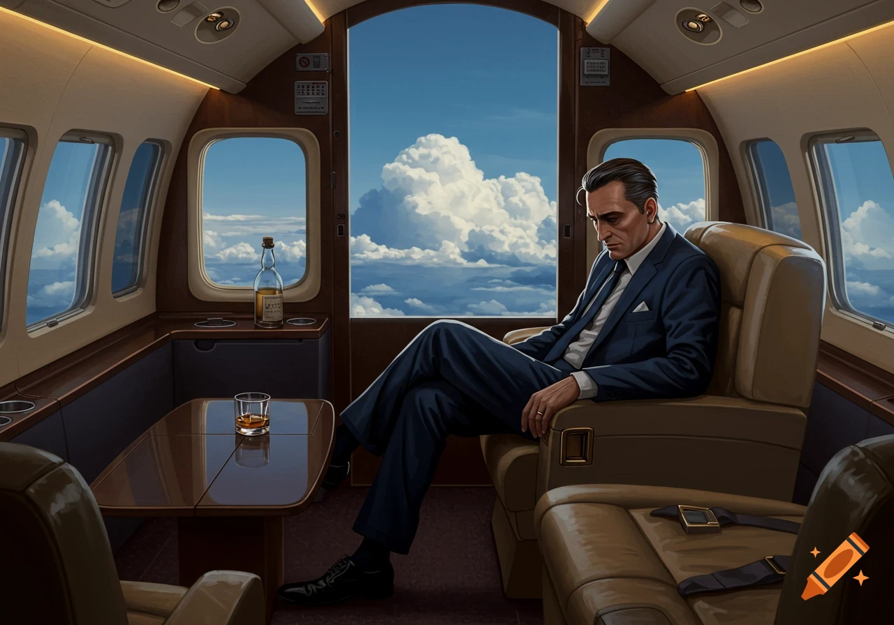 An illustrative image of a man in a suit sitting in a private jet, with a drink on the table beside him and clouds visible outside the windows.