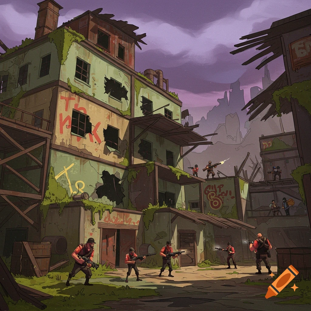 Team Fortress 2 characters engaged in a battle within a dilapidated, overgrown urban environment under a purple sky.