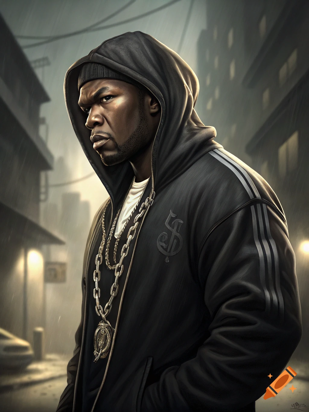 Photorealistic portrait of 50 Cent wearing a black hoodie and chains in a rainy, dimly lit urban setting.