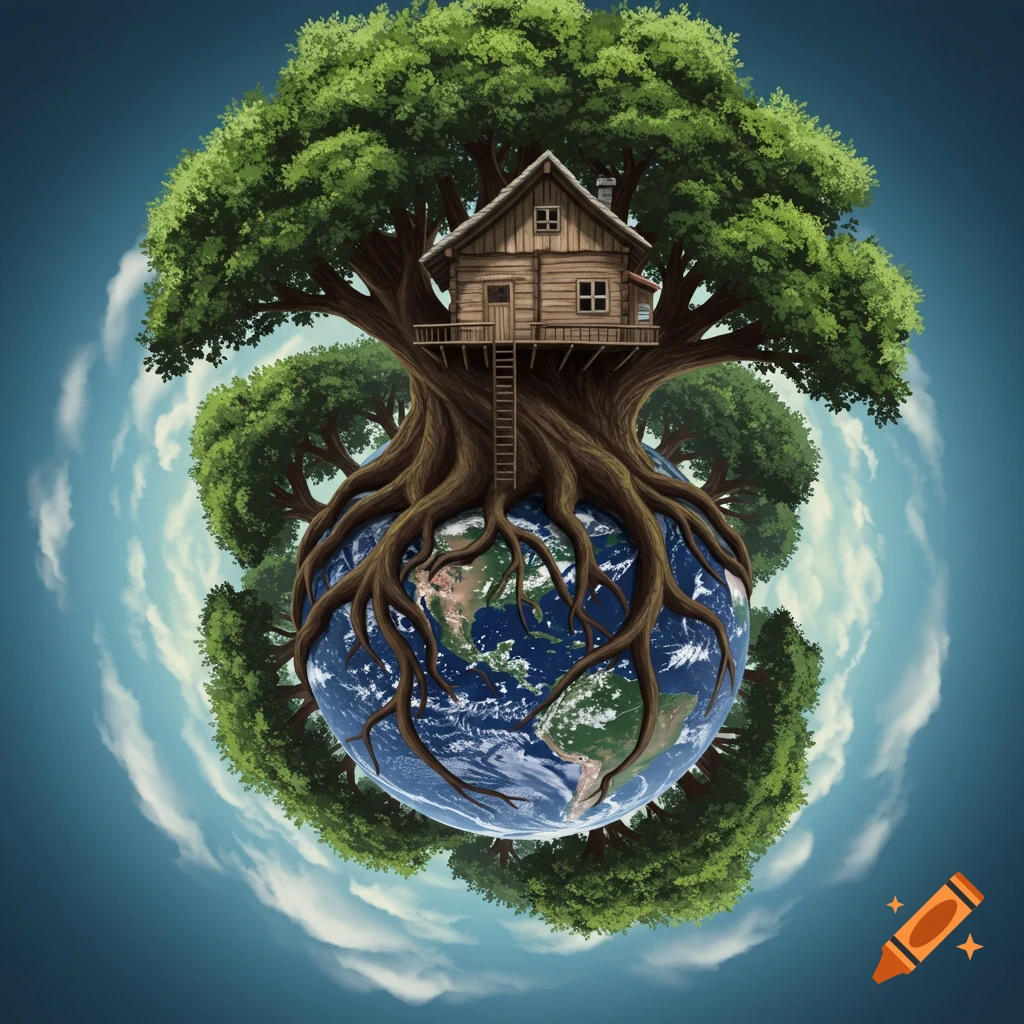 Illustrated treehouse on a massive tree with roots wrapped around the Earth, under a blue sky with clouds.
