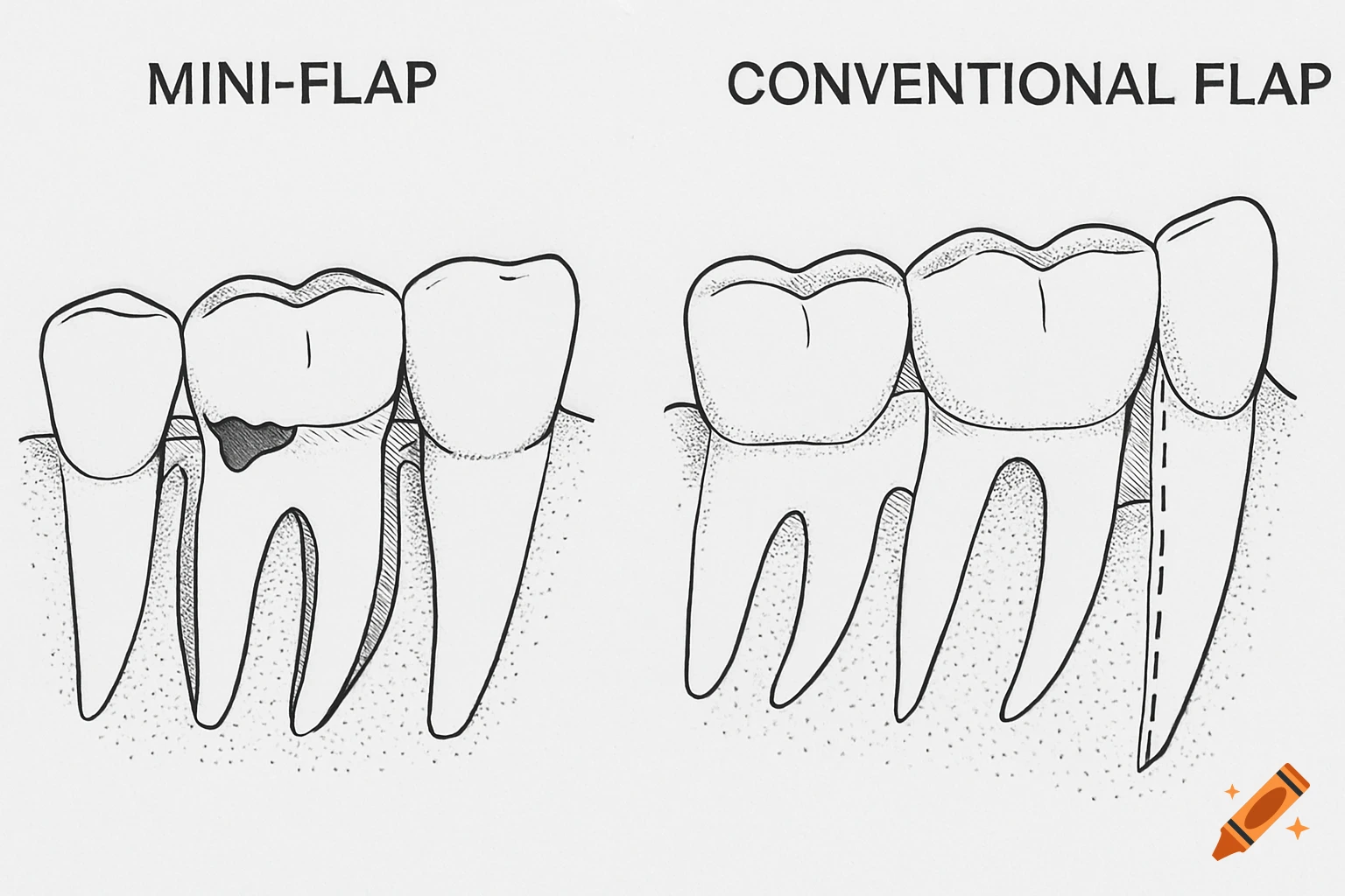 Diagram comparing mini-flap and conventional flap dental procedures on teeth and gums.