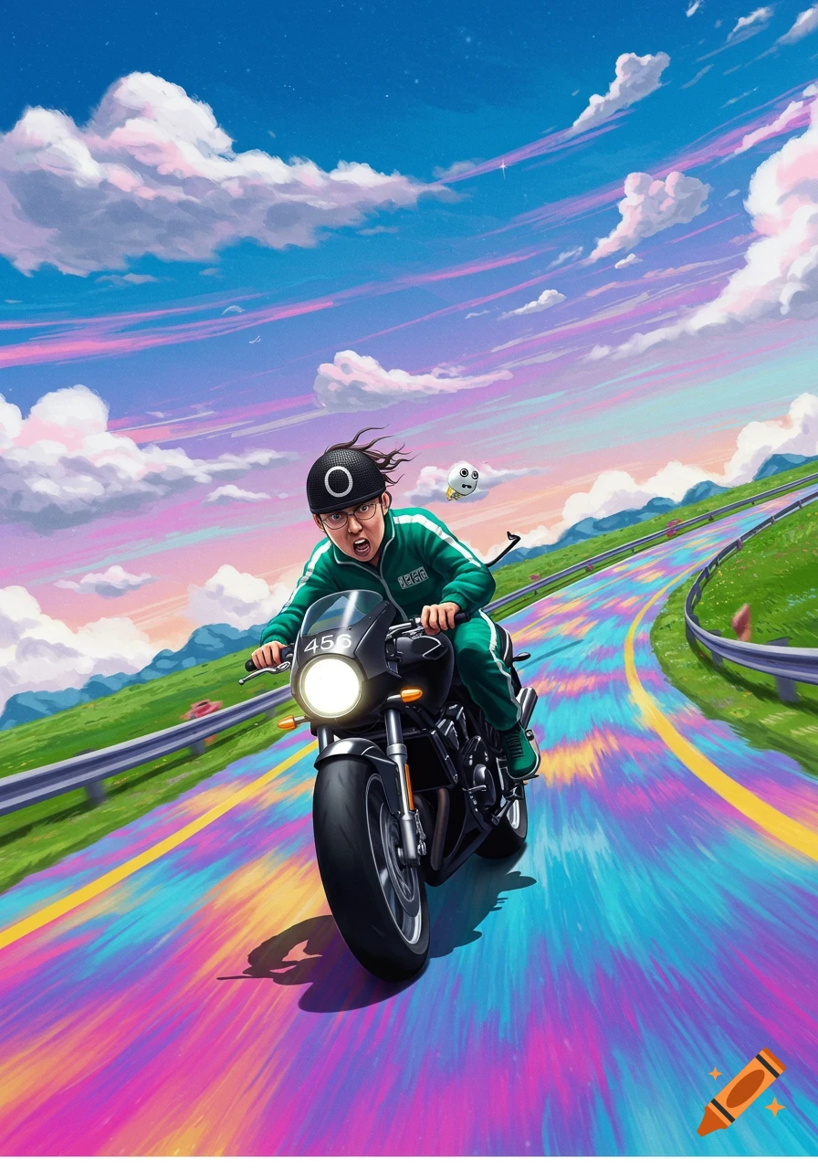 Player 456 from Squid Game rides a motorcycle on a vibrant rainbow road under a blue sky with clouds, in an illustrative style.