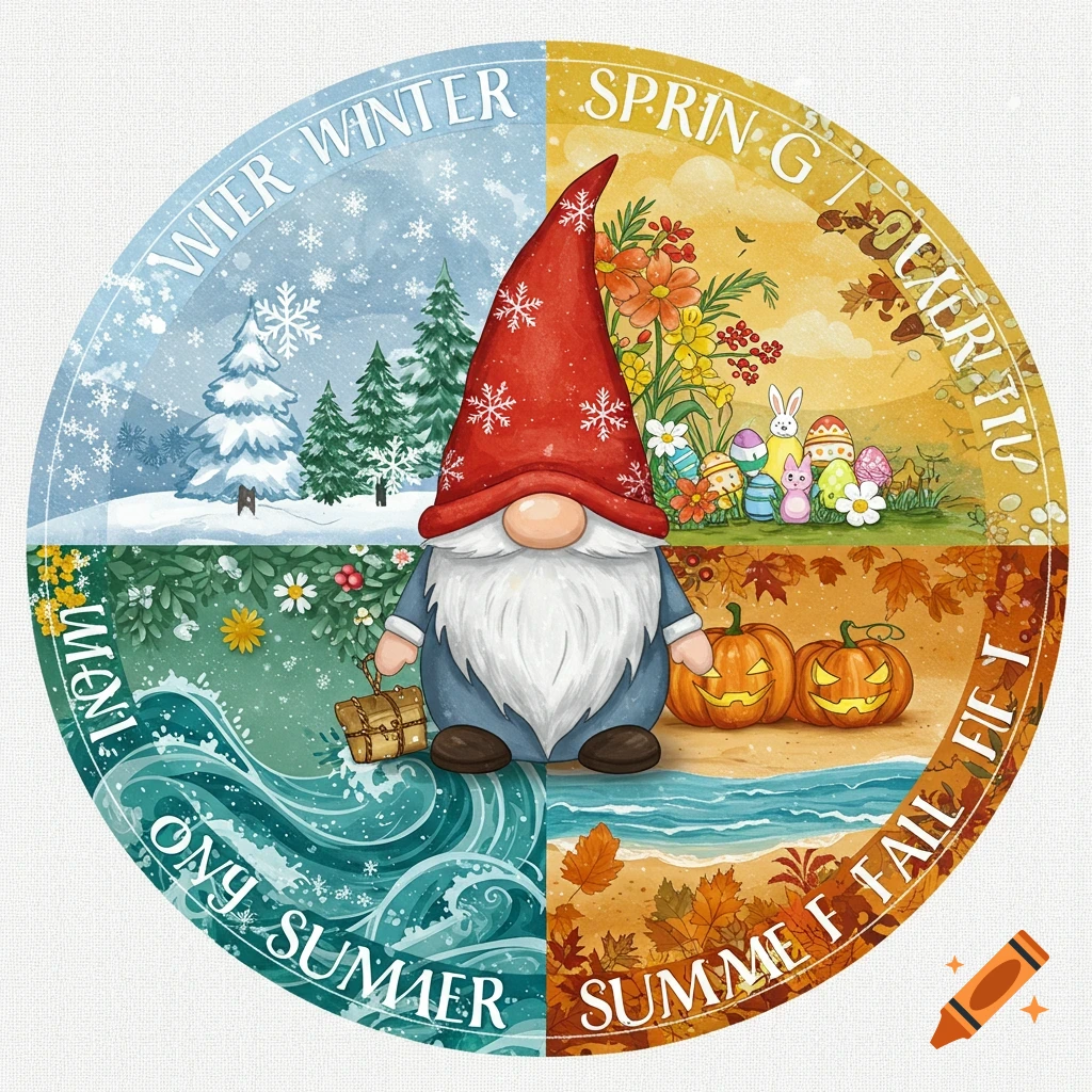 A circular illustration featuring a gnome at the center, surrounded by four seasonal sections: winter, spring, summer, and fall, with thematic imagery.