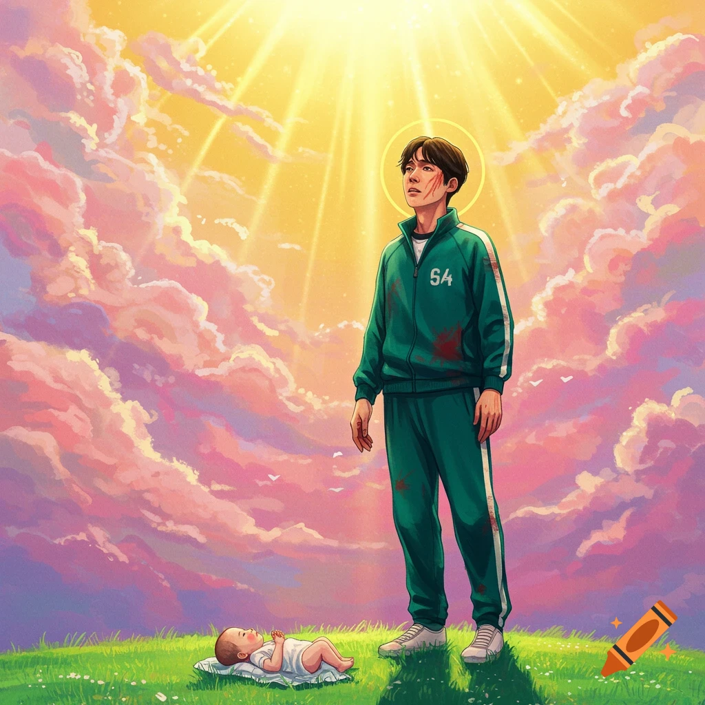 Stylized illustration of Seong Gi-hun from Squid Game in a green tracksuit, looking up at golden light in a sky with pink clouds, with a baby on the grass below.