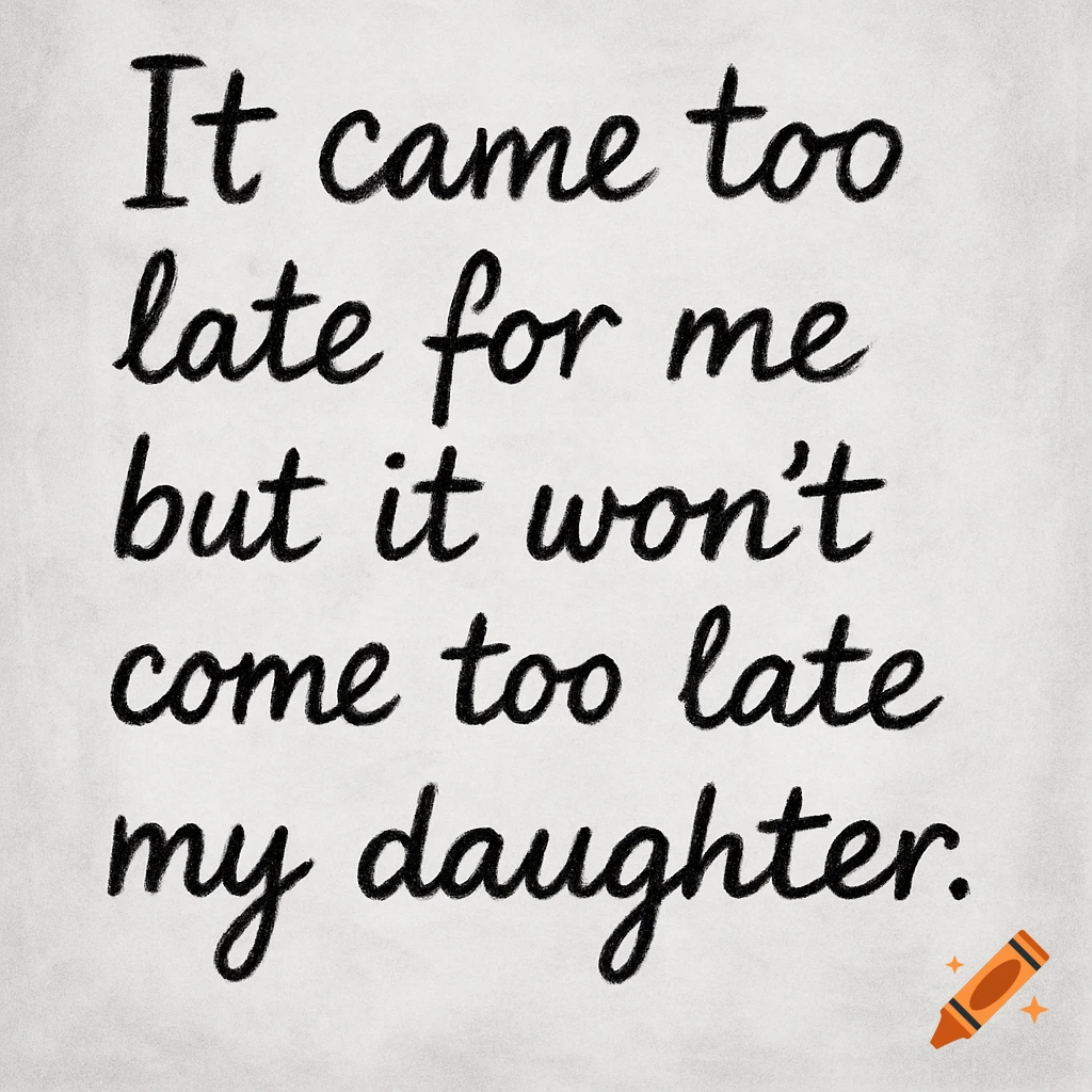 Black handwritten text on a white background reads: It came too late for me but it won't come too late for my daughter.