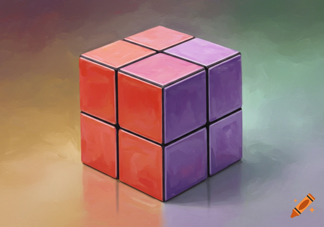 A colorful cube puzzle featuring red, pink, and purple faces, rendered in a painterly style with a subtle reflection on a gradient background.