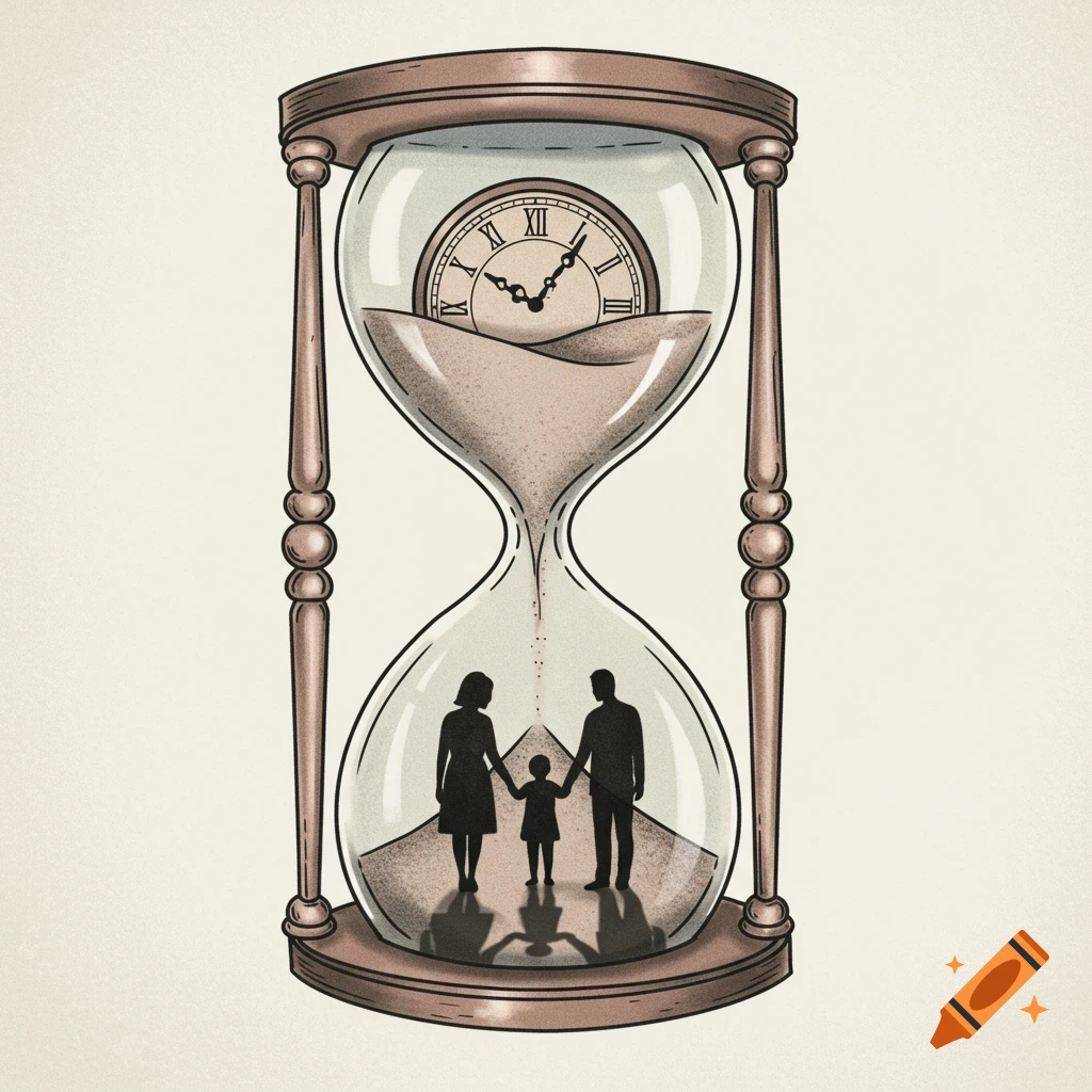 Illustration of an hourglass with a clock in the top chamber and silhouettes of a family in the bottom chamber, symbolizing time and life.