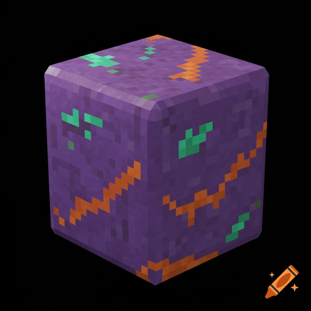 A purple Minecraft ore texture block with green and orange streaks and undertones on a black background.
