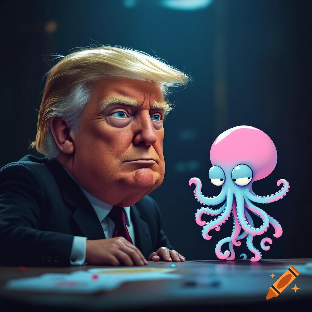 A caricature of Donald Trump in a suit looks intently at a small, pink and blue cartoon octopus on a dark table.