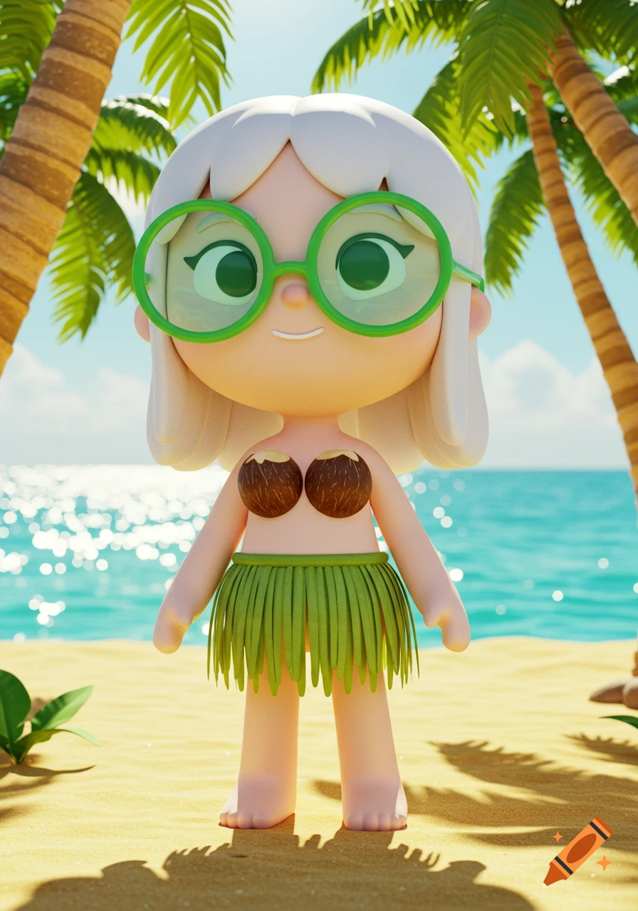 A 3D cartoon girl with white hair and green glasses wearing a coconut bra and grass skirt stands on a sandy beach under palm trees.
