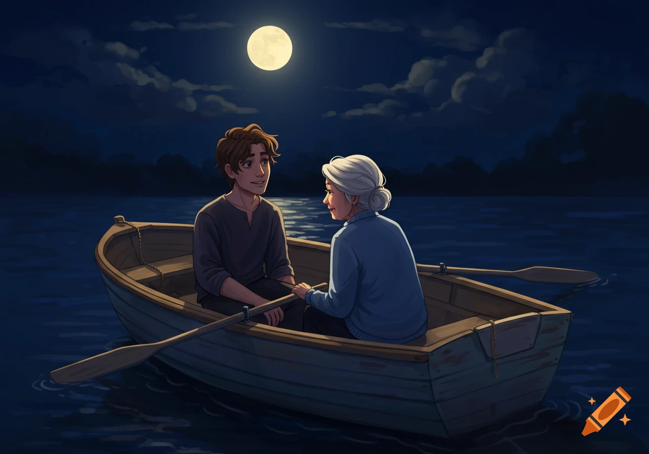 A young man and an older woman sit facing each other in a rowboat on a calm lake under a large full moon at night.