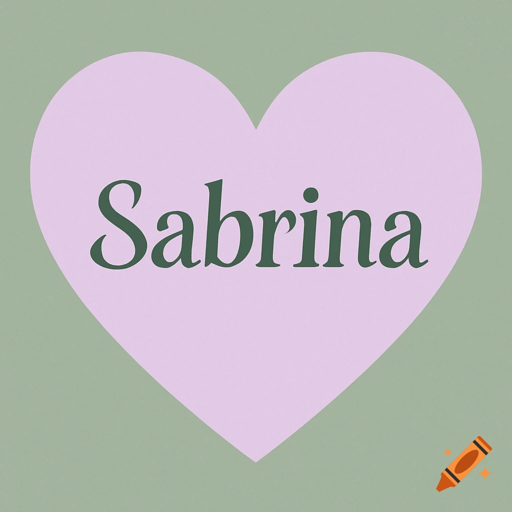 A pale amethyst heart with the name "Sabrina" in dark green letters, set against a sage green background.