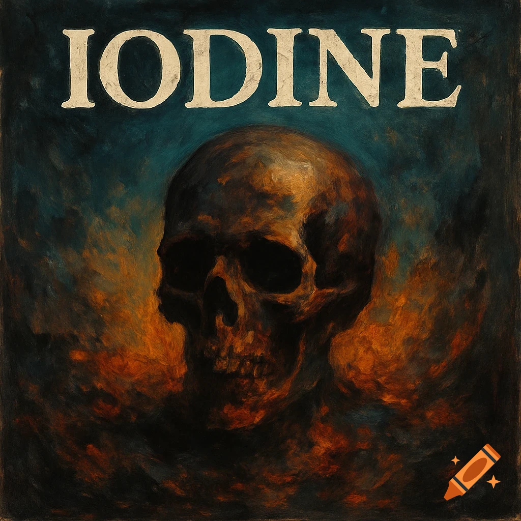 A dark, painterly image of a skull with orange and blue smoky textures and the word IODINE at the top, like an album cover.